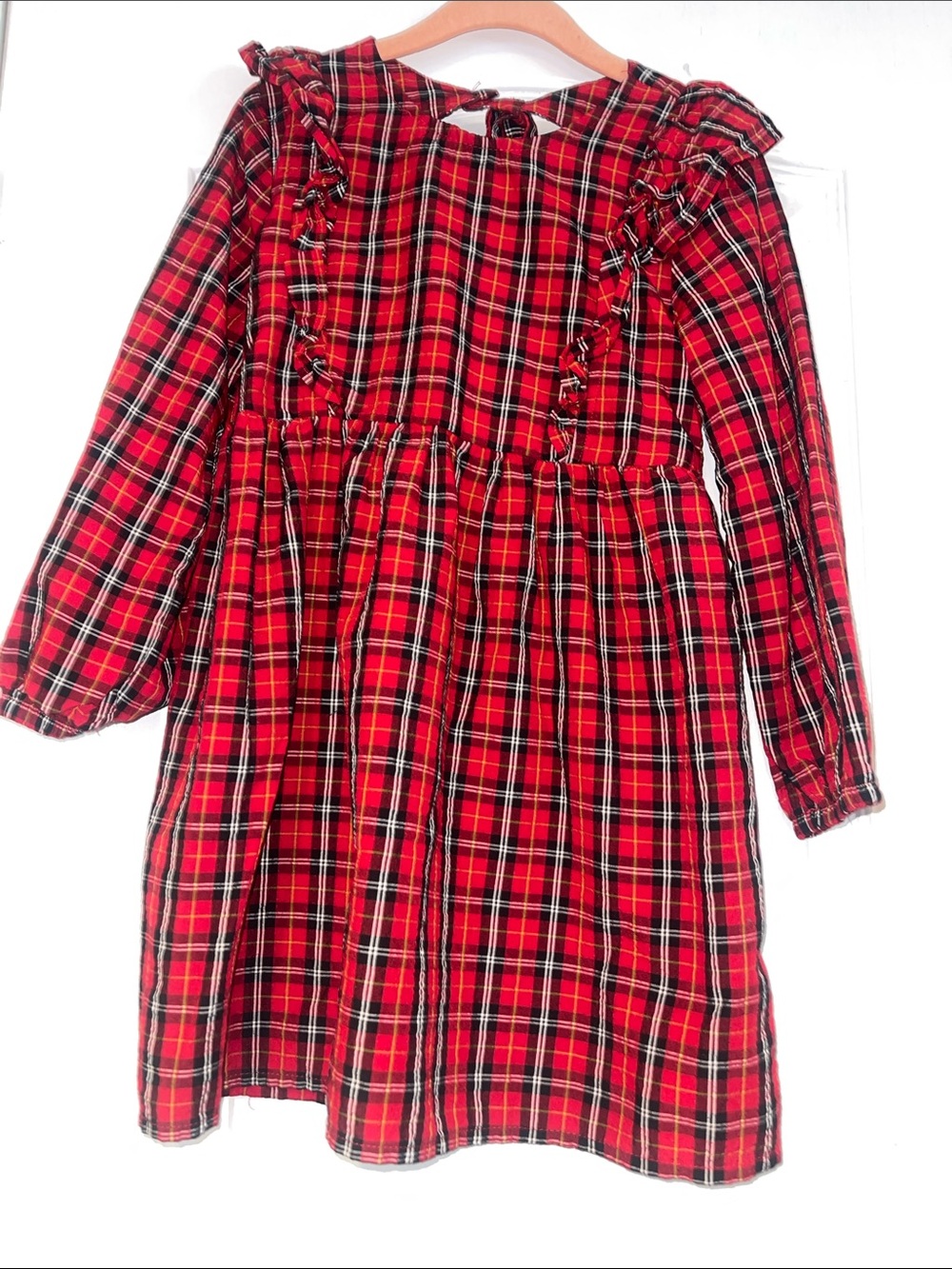 Old Navy Red Plaid Ruffle-Trim Long Sleeve Kids Dress